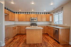 Kitchen with a kitchen island, appliances with stainless steel finishes, light brown cabinetry, sink, and dark hardwood / wood-style flooring