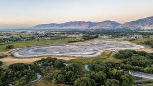 Aerial view at dusk with a mountain view