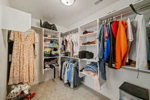 Spacious closet with light carpet