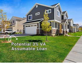 View of front of house with an attached garage, board and batten siding, a residential view, stone siding, and driveway