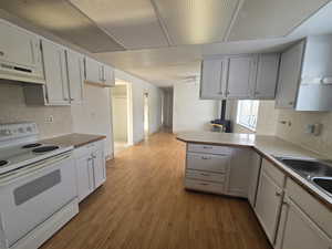 Kitchen featuring white cabinetry, tasteful backsplash, light wood-type flooring, kitchen peninsula, and white range with electric cooktop