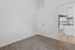 Empty room with sink, vaulted ceiling, and light carpet