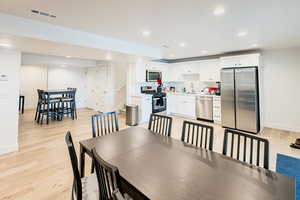 Dining room featuring sink and light hardwood / wood-style floors