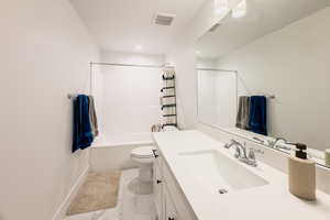 Full bathroom featuring vanity, toilet, and tub / shower combination