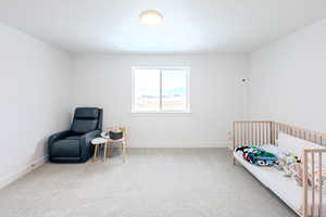 Carpeted bedroom featuring a nursery area and a textured ceiling