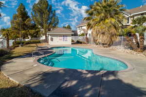 View of swimming pool with a patio