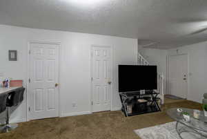 Carpeted living room with a textured ceiling