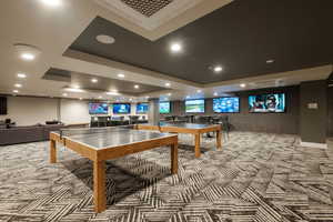 Game room with carpet flooring and a tray ceiling