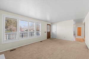 Spare room with light colored carpet and a textured ceiling