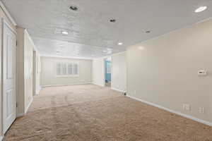 Empty room featuring crown molding, light colored carpet, and a textured ceiling