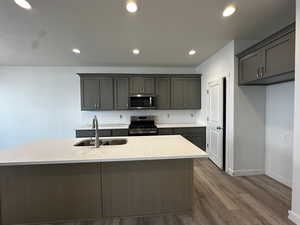 Kitchen with stainless steel appliances, an island with sink, sink, and gray cabinetry