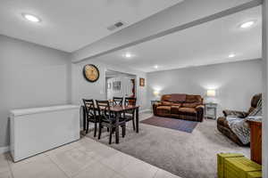 Basement MIL apartment featuring light carpet