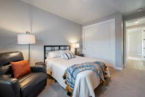 Bedroom with vaulted ceiling, light carpet, and a closet