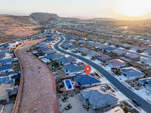 Aerial view at dusk with a mountain view