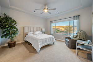 Carpeted bedroom with ceiling fan and a raised ceiling