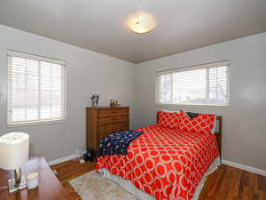 Bedroom featuring dark hardwood / wood-style floors and multiple windows