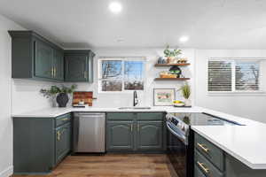 Kitchen featuring dark wood-type flooring, stainless steel appliances, sink, and decorative backsplash