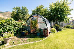 View of the yard with a mountain view and greenhouse.  Photo taken last Fall.