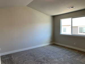 Spare room with carpet, lofted ceiling, and a textured ceiling