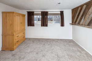 Interior space featuring light carpet and a textured ceiling