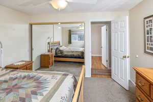 Carpeted bedroom with ceiling fan and a closet