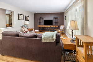 Living room with wood-type flooring and ceiling fan