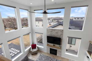 Sunroom with a fireplace