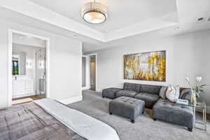 Living room with carpet and a tray ceiling