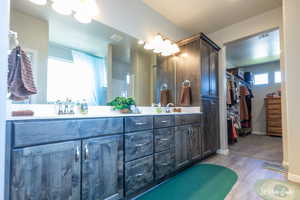 Bathroom featuring vanity and wood-type flooring