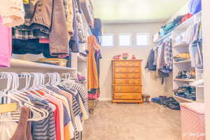 Walk in closet with light colored carpet