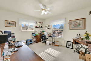 Carpeted office space with ceiling fan, plenty of natural light, and a textured ceiling