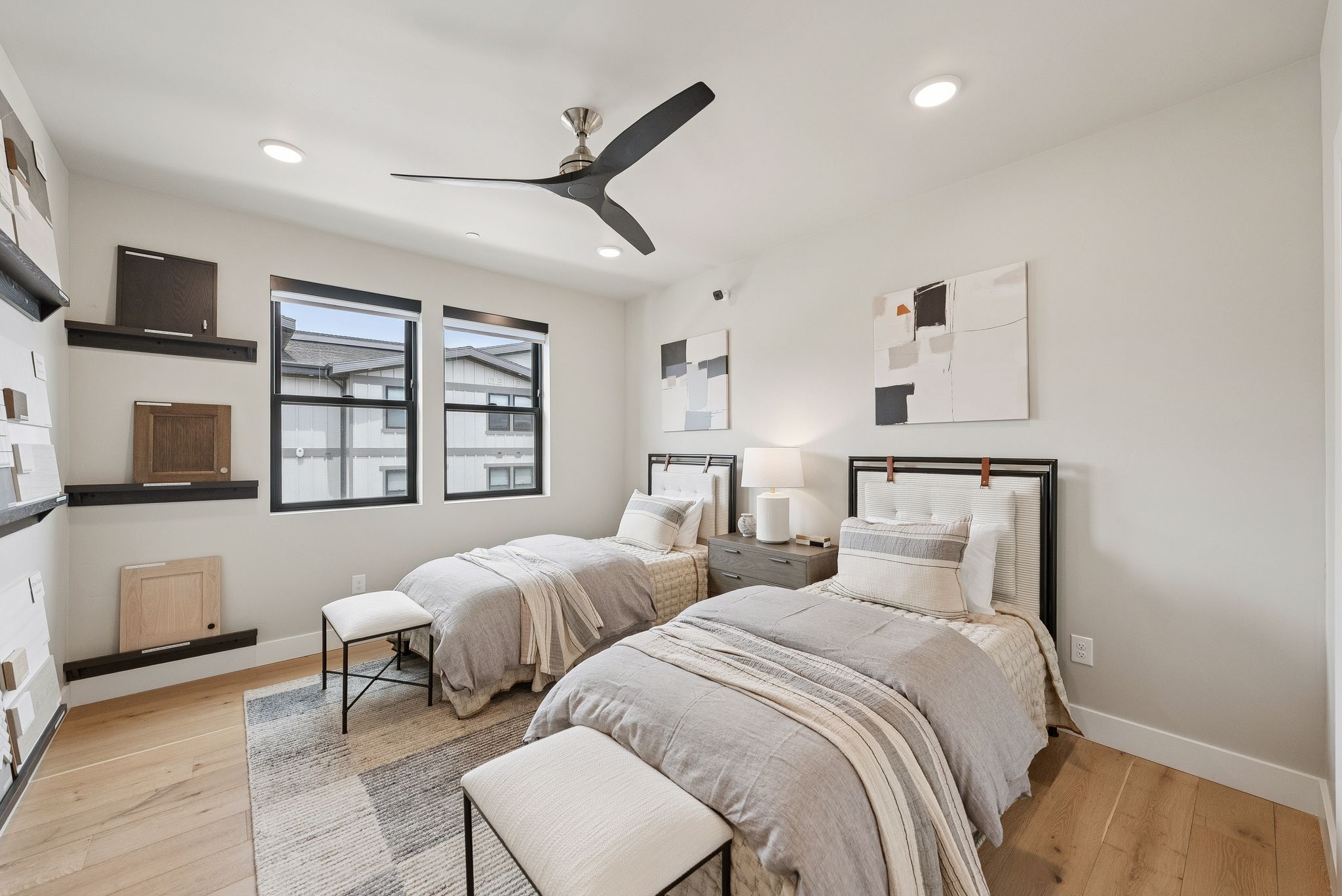 Bedroom featuring light wood-style flooring, ceiling fan, and recessed lighting