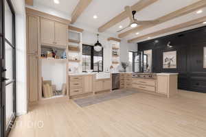 Bathroom with ceiling fan, vanity, and beam ceiling