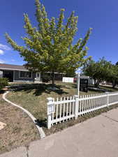 Exterior space with a front lawn and a fenced front yard