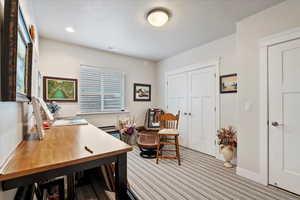 Office space featuring light colored carpet and a textured ceiling