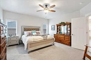 Bedroom featuring carpet flooring and ceiling fan