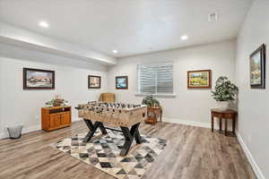 Playroom with light hardwood / wood-style floors