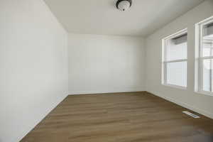 Spare room featuring dark wood-type flooring