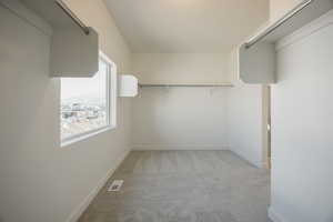 Spacious closet featuring light colored carpet