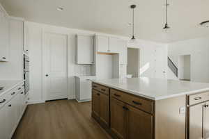 Kitchen featuring hanging light fixtures, dark hardwood / wood-style floors, a center island, white cabinets, and decorative backsplash