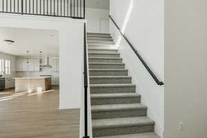 Stairway with wood-type flooring and sink