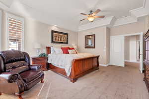 Bedroom featuring light carpet, a raised ceiling, and ceiling fan