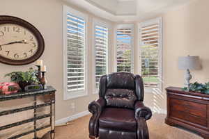 Living area with carpet floors