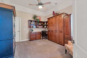 Carpeted home office with ceiling fan and a tray ceiling