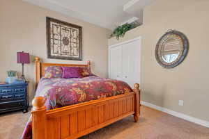 Bedroom featuring carpet floors and a closet