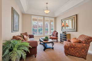 Carpeted living room with a tray ceiling