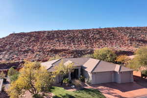 Drone / aerial view showing the red rock backdrop.