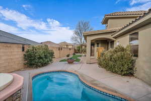 View of swimming pool featuring a patio