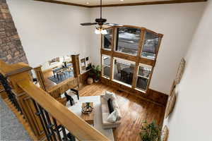 Living room with crown molding, wood-type flooring, and ceiling fan