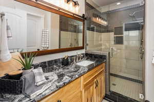 Bathroom featuring vanity and walk in shower